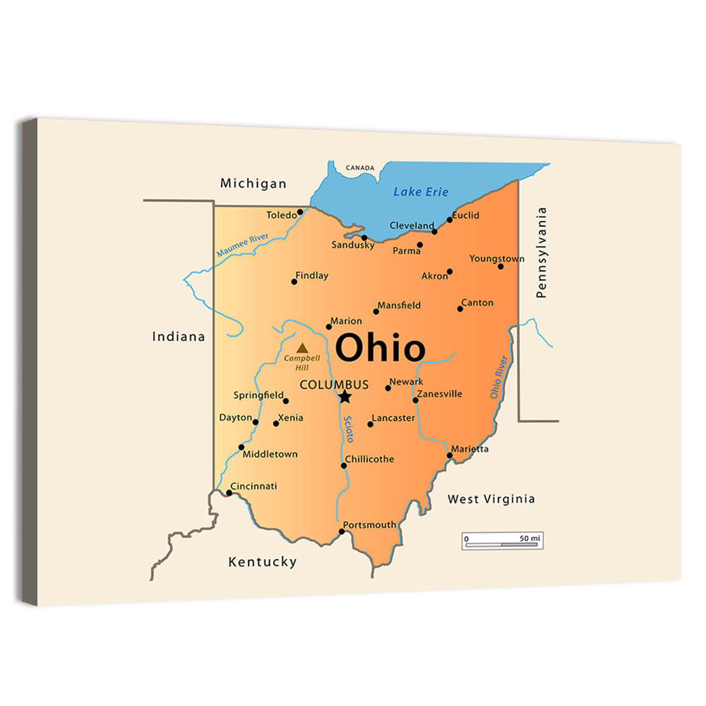 Ohio State Map Wall Art, canvas print, landscape