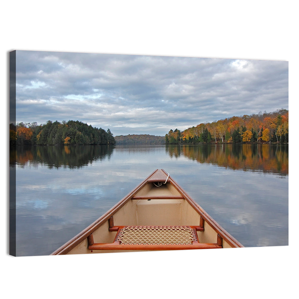 Overcast Canoe Bow on Autumn Lake Wall Art, canvas print, landscape