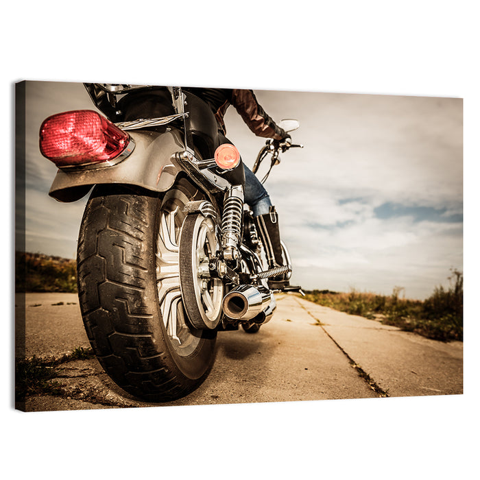 Low Angle Motorcycle Rear View Wall Art as a canvas print