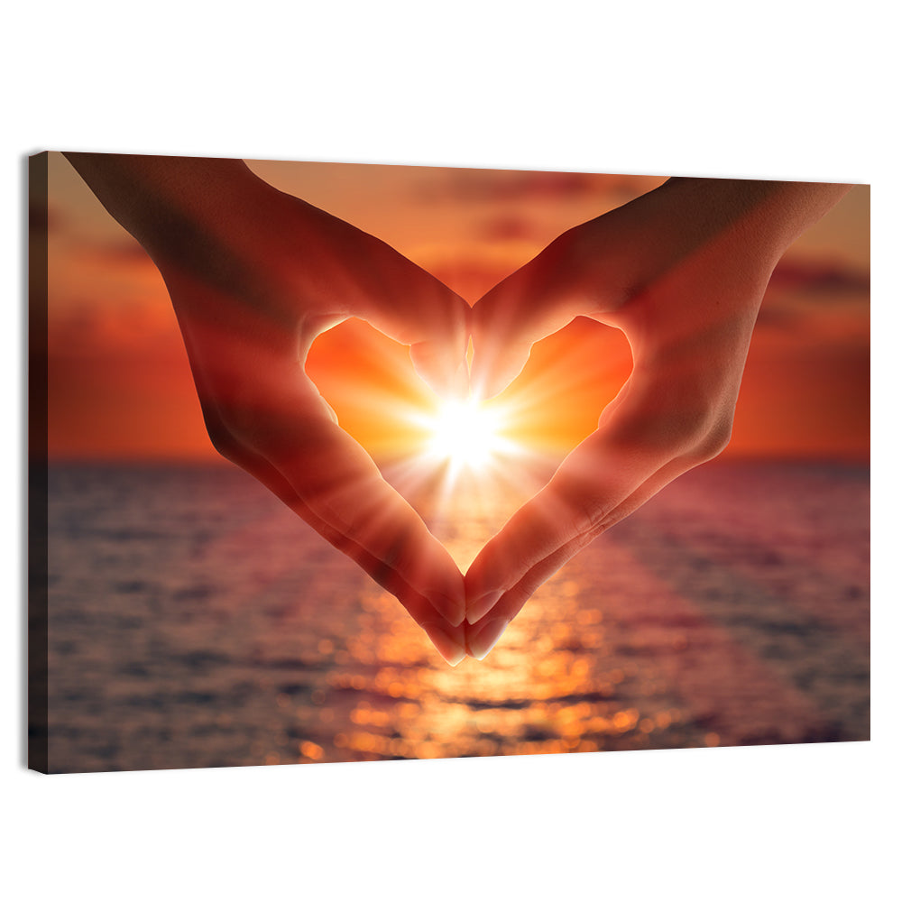 Hands Forming Heart at Sunset Wall Art, canvas print, landscape