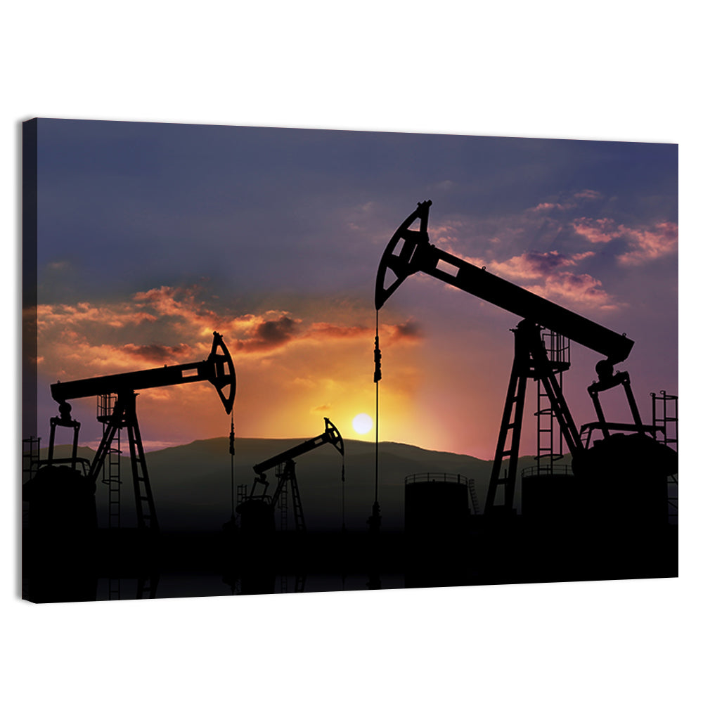 Sunset Oil Field with Pump Jacks Wall Art, canvas print, landscape