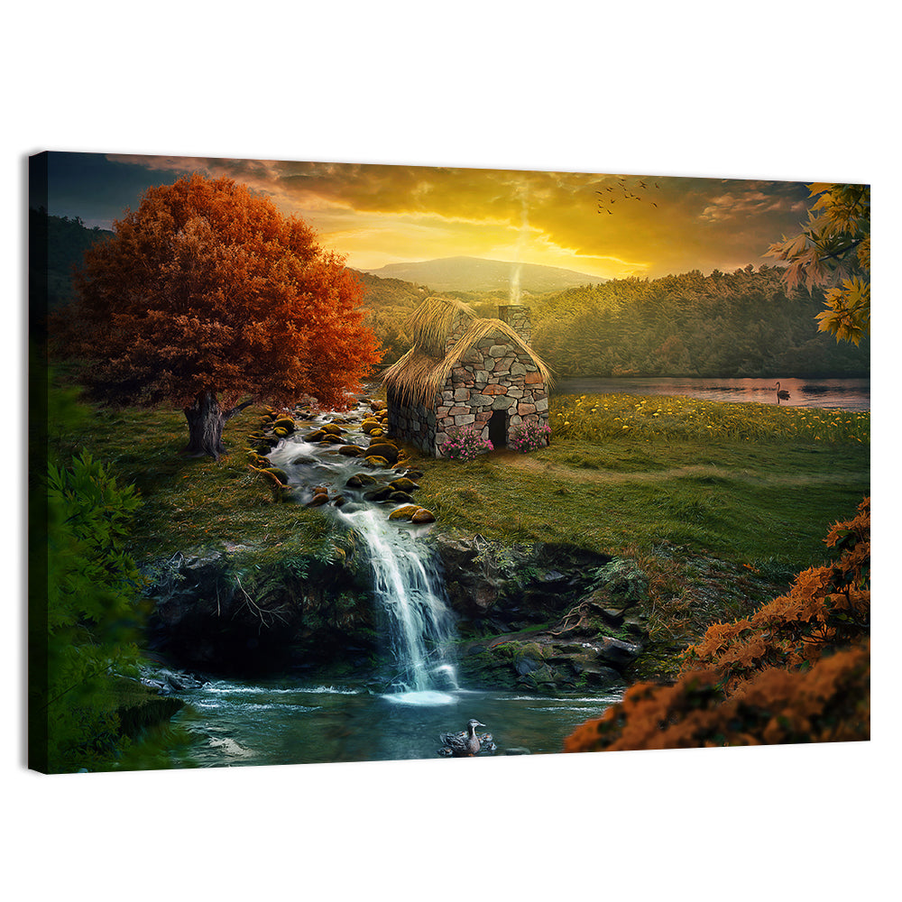 Thatched Cottage by Mountain Stream Wall Art, canvas print, landscape