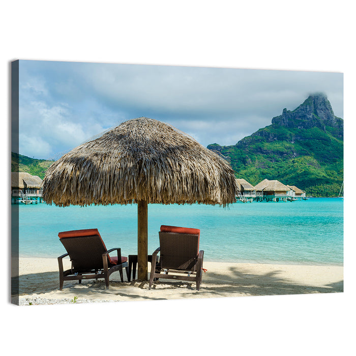 Bora Bora Lagoon with Thatched Umbrella Wall Art as a canvas print