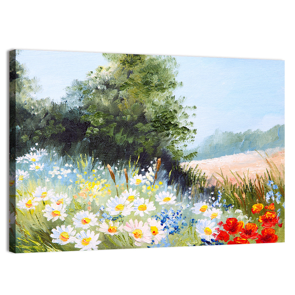 Daisy Meadow with Red Poppies Wall Art, canvas print, landscape