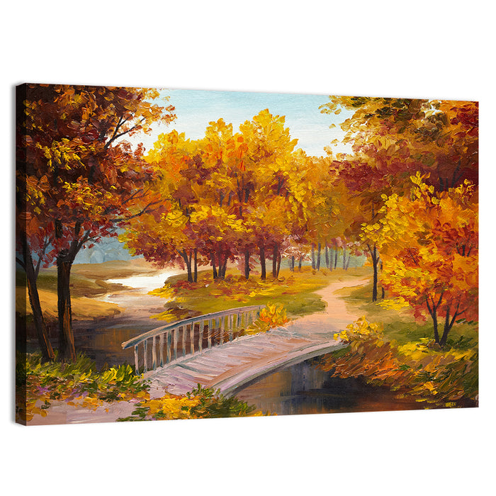Autumn Footbridge in Golden Forest Wall Art as a canvas print
