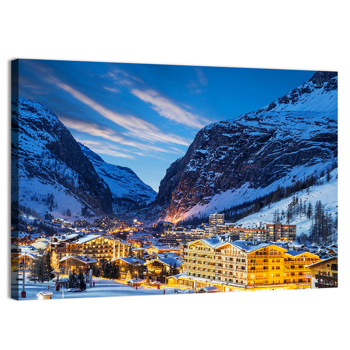 Twilight Ski Village in the French Alps Wall Art as a canvas print
