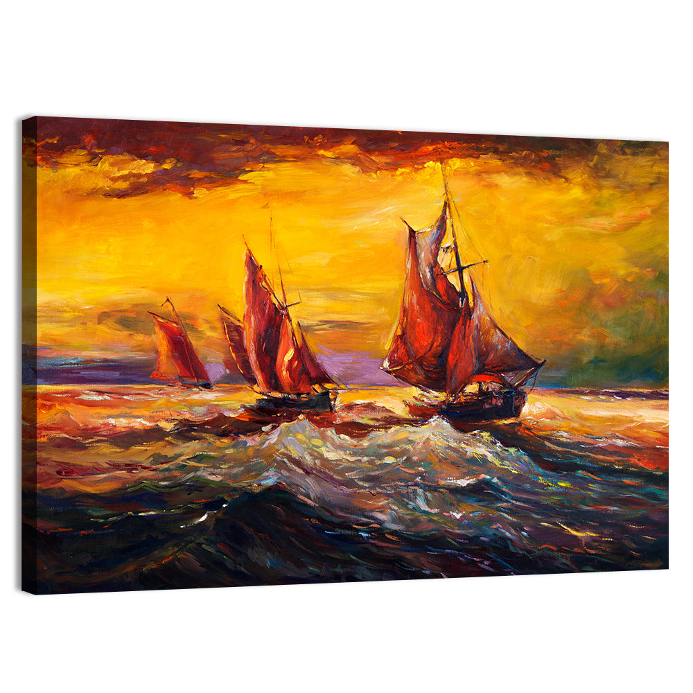 Three Sailboats at Sunset Wall Art, canvas print, landscape
