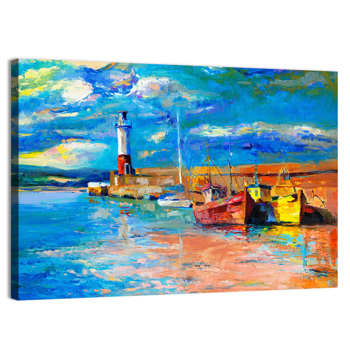 Lighthouse Harbor Sunset Wall Art as a canvas print