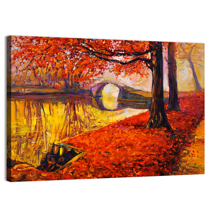 Autumn Bridge Over Golden Lake Wall Art as a canvas print