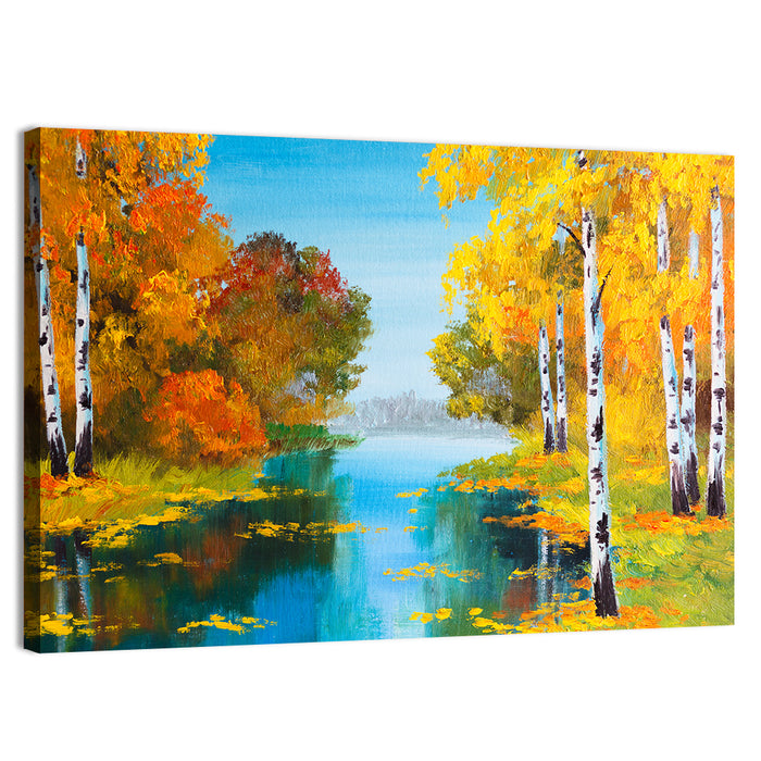 Autumn Birch River Reflection Wall Art as a canvas print