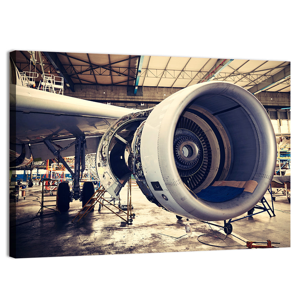 Open Jet Engine in Hangar Wall Art, canvas print, landscape