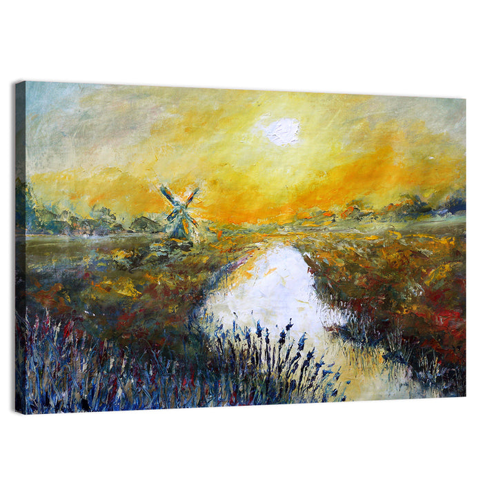 Windmill at Sunrise Over River Wall Art as a canvas print