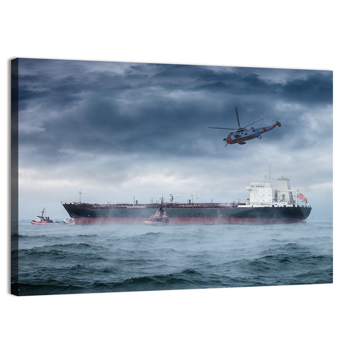 Rescue Helicopter Over Cargo Ship Wall Art as a canvas print