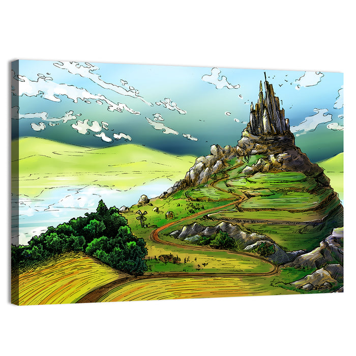 Hilltop Fairy Castle Illustration Wall Art as a canvas print