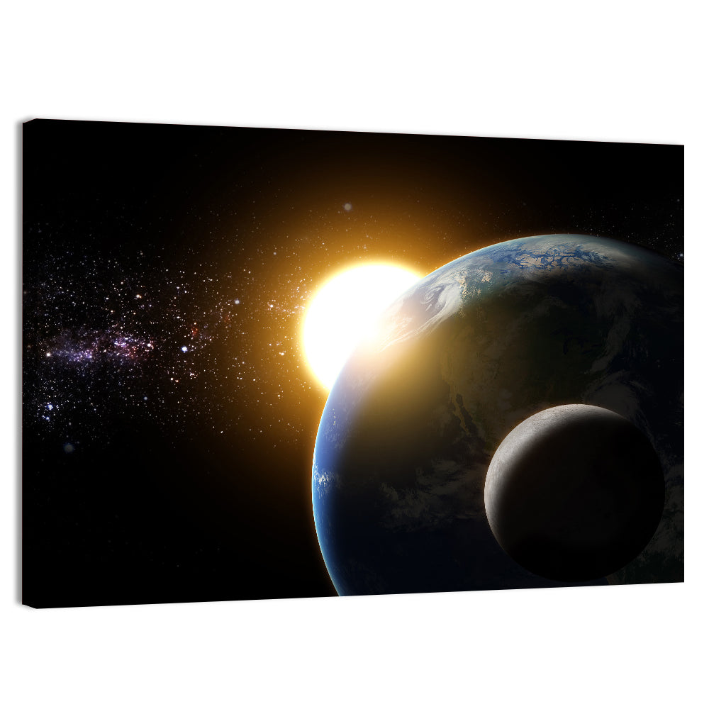Sunflare Over Earth and Moon Wall Art, canvas print, landscape
