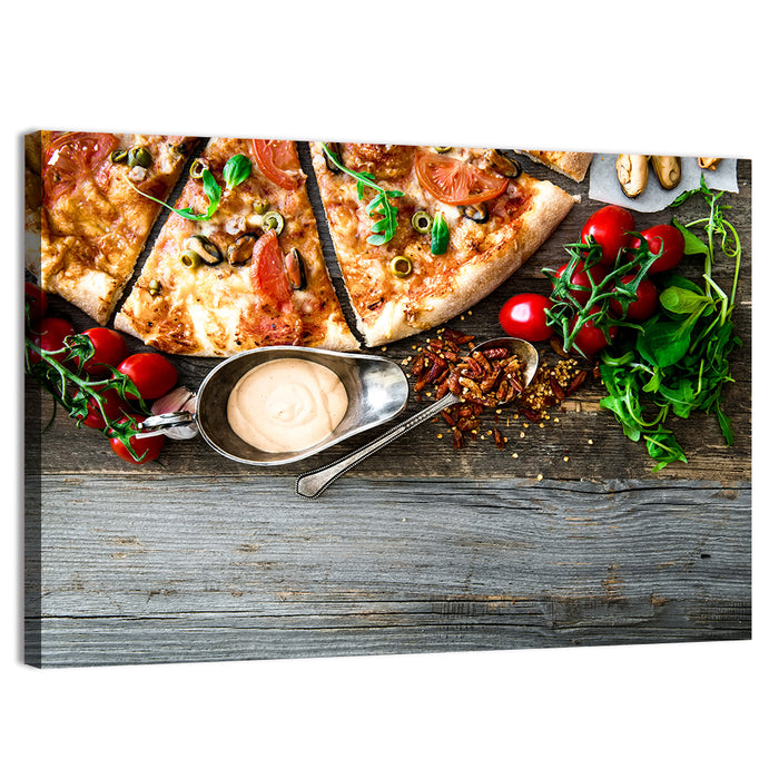 Seafood Pizza with Mussels and Tomatoes Wall Art as a canvas print