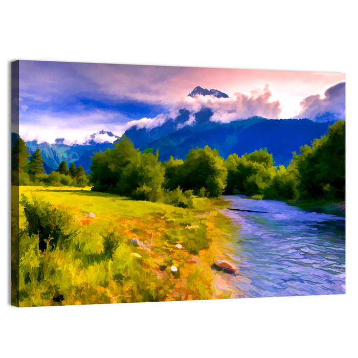 Mountain River Through Meadow Wall Art as a canvas print