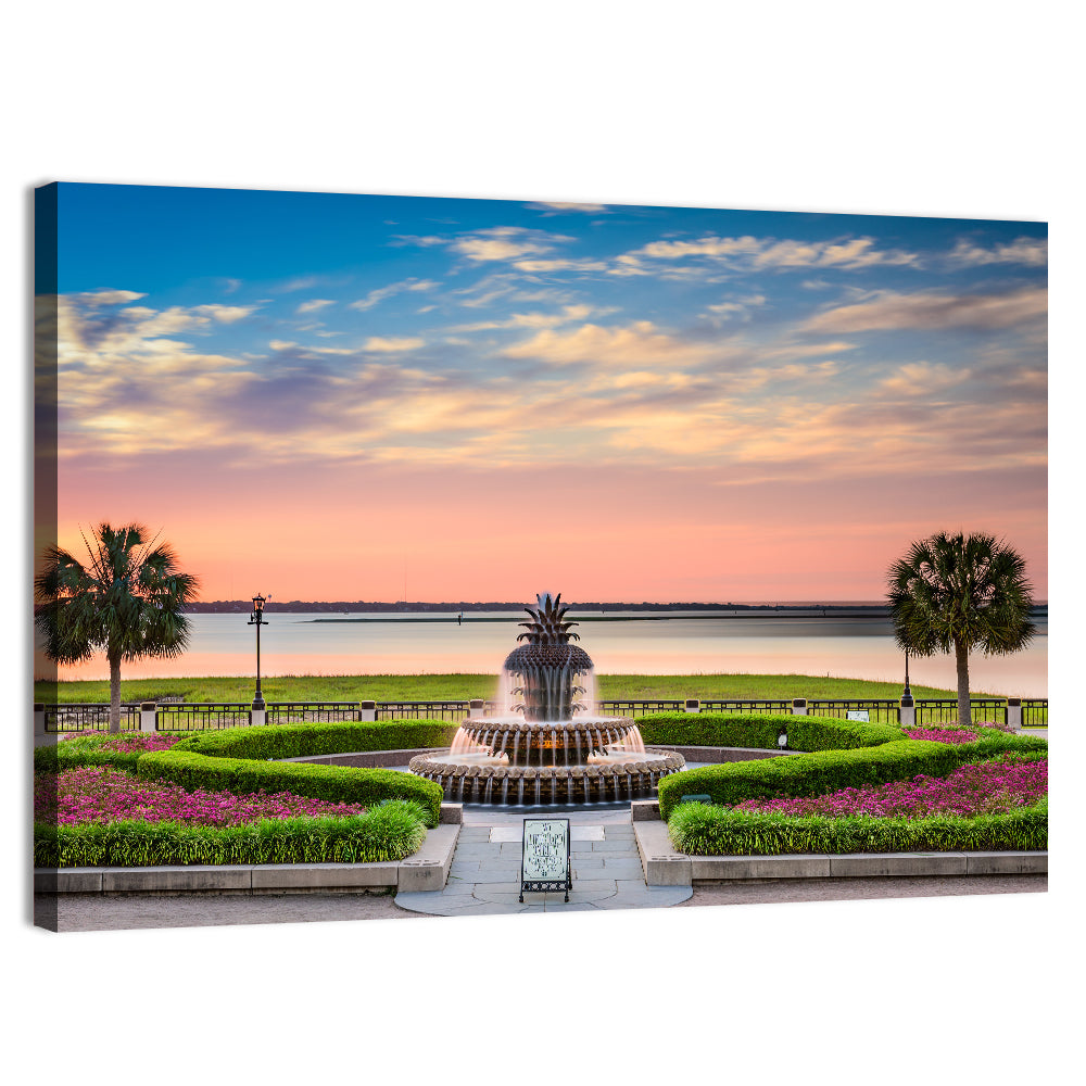 Charleston Pineapple Fountain at Sunset Wall Art, canvas print, landscape