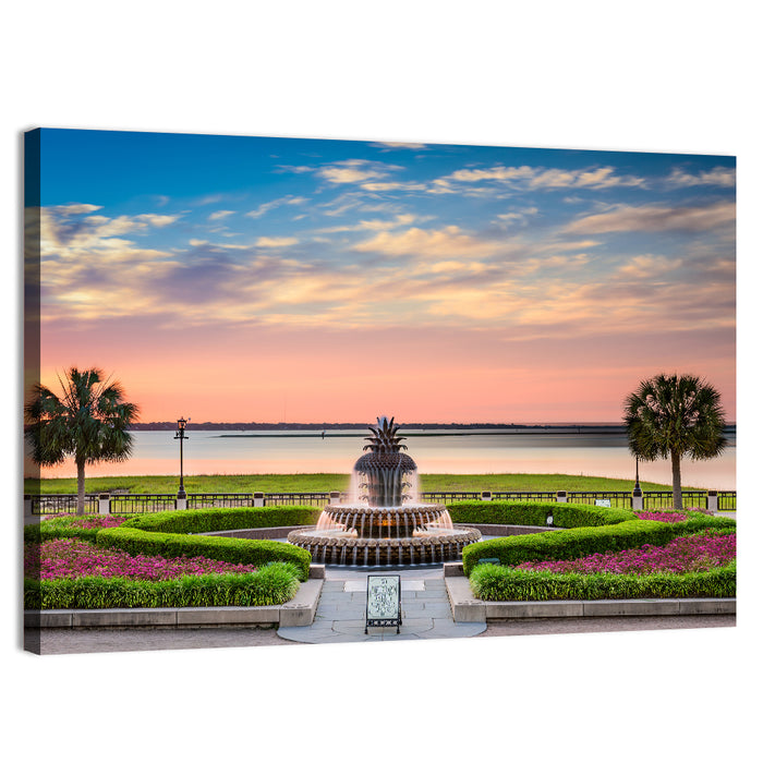 Charleston Pineapple Fountain at Sunset Wall Art as a canvas print