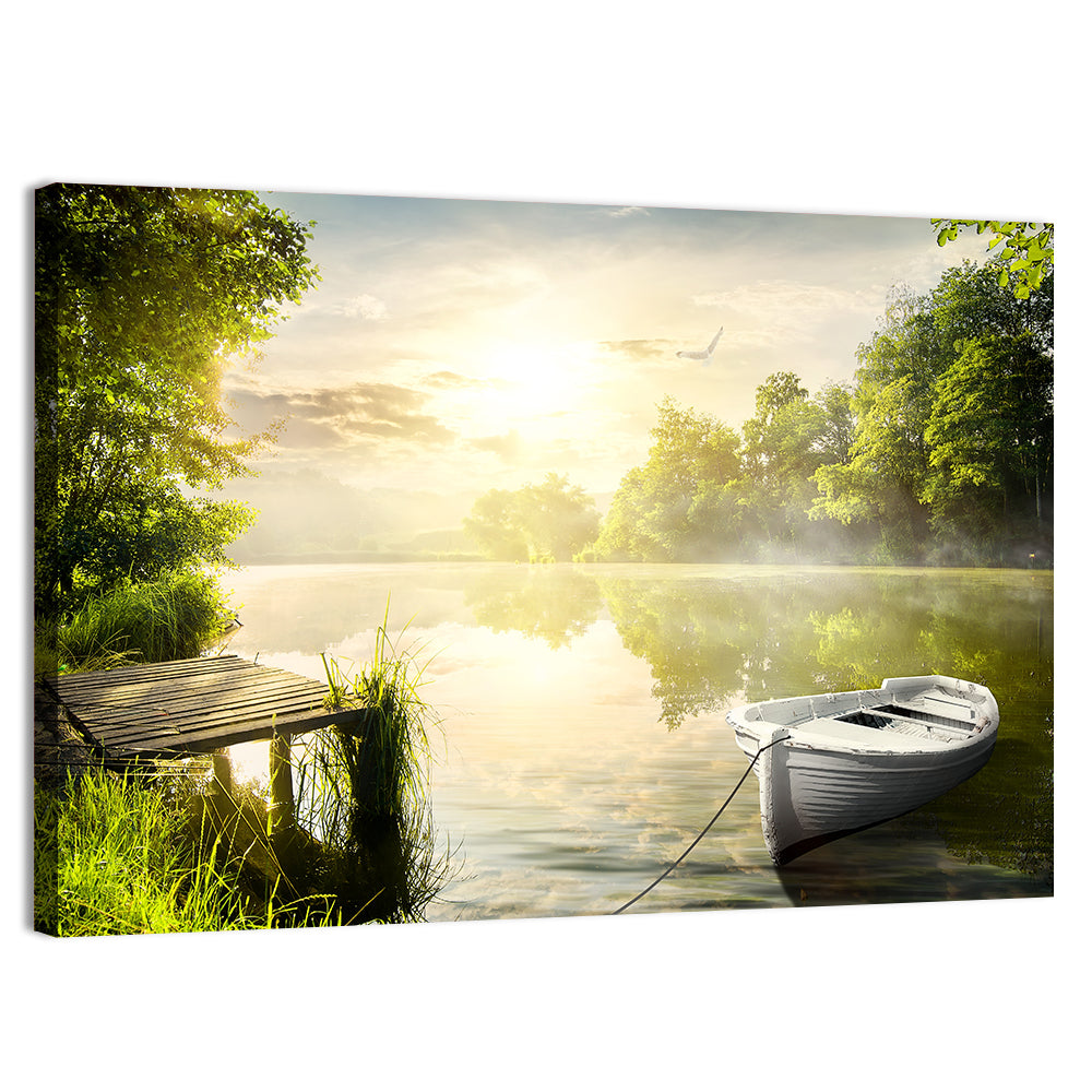 Rowboat at Misty Dock Wall Art, canvas print, landscape