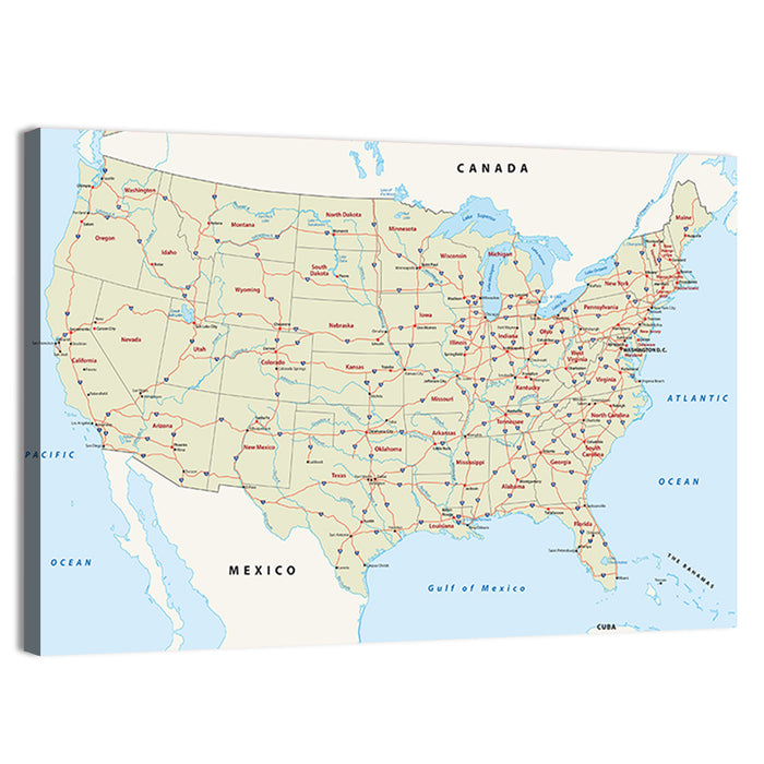 United States Interstate Map Wall Art as a canvas print