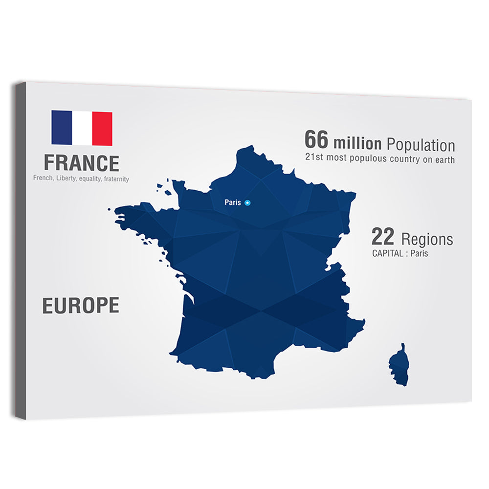 Geometric France Map with Flag Wall Art, canvas print, landscape