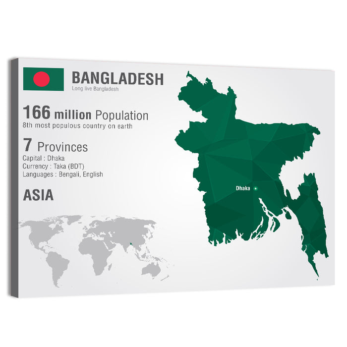 Bangladesh Map with Dhaka Marker Wall Art as a canvas print
