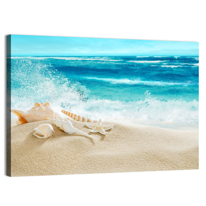 Seashells and Splashing Waves Wall Art as a canvas print