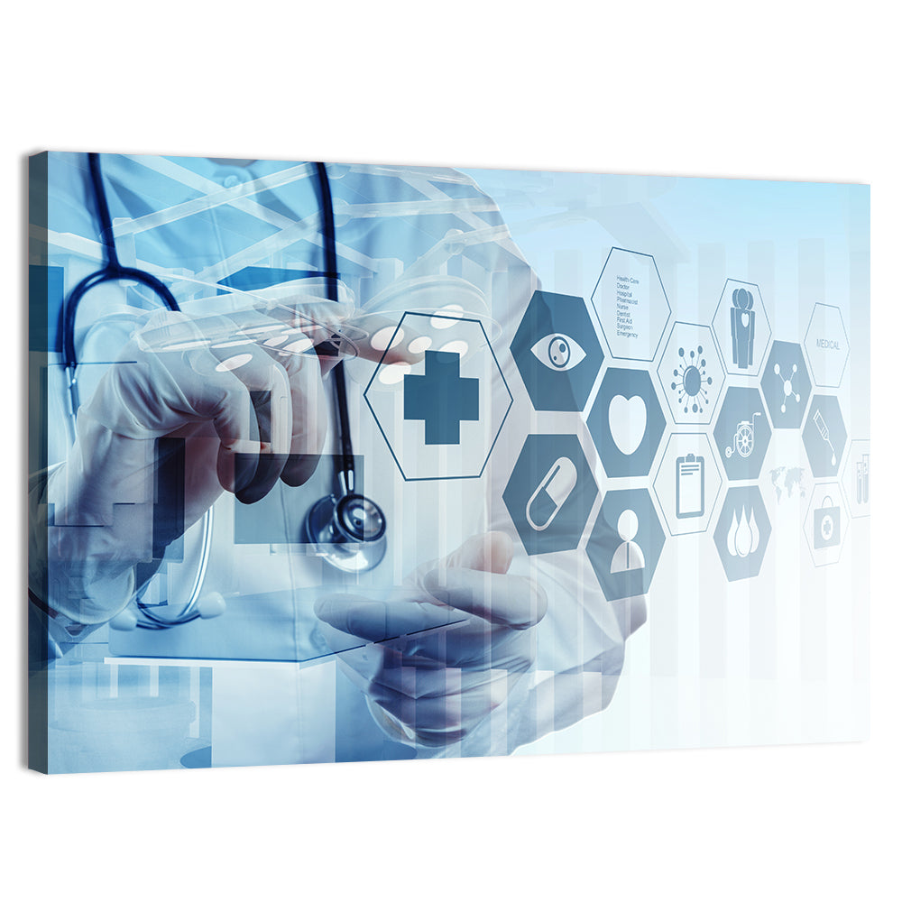 Doctor Double Exposure with Medical Icons Wall Art, canvas print, landscape