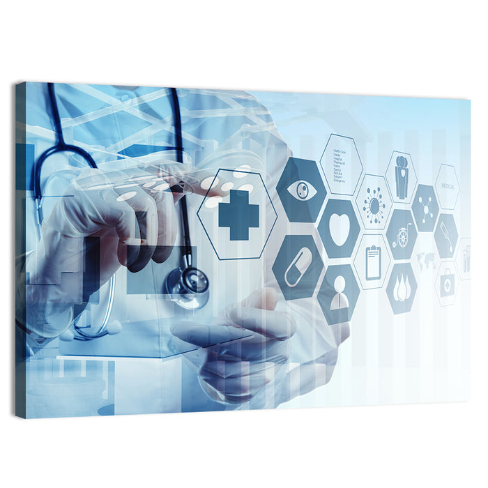 Doctor Double Exposure with Medical Icons Wall Art as a canvas print
