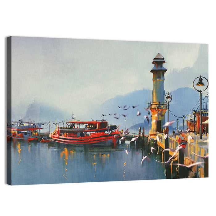 Fishing Boat at Misty Harbor Wall Art as a canvas print
