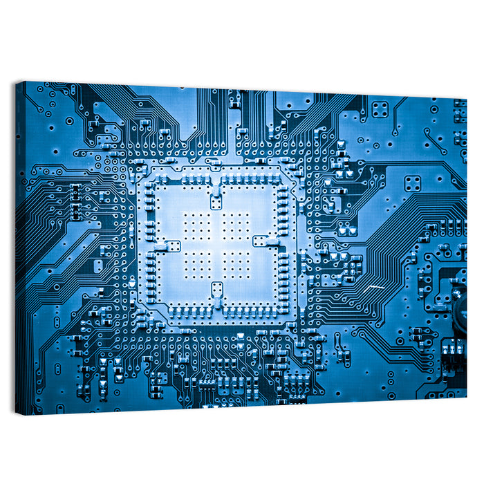 Blue Circuit Board Close-up Wall Art as a canvas print