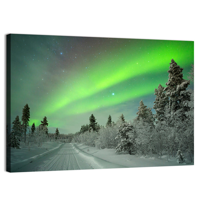Aurora Over Snowy Forest Road Wall Art as a canvas print