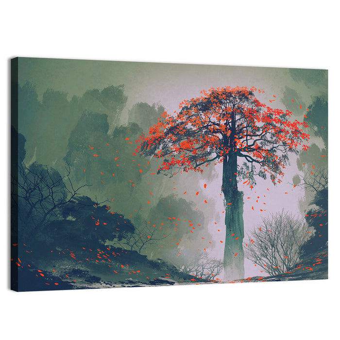 Misty Red Autumn Tree Wall Art as a canvas print