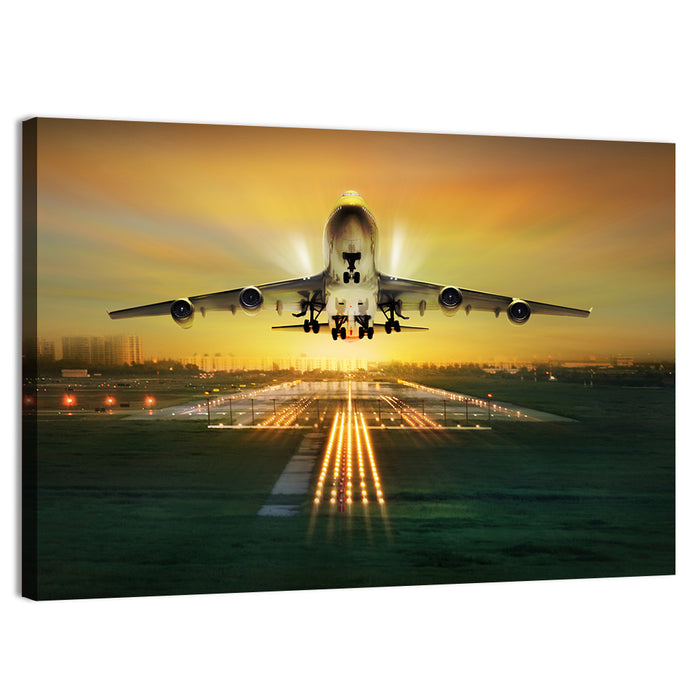 Passenger Plane Over Runway at Dusk Wall Art as a canvas print