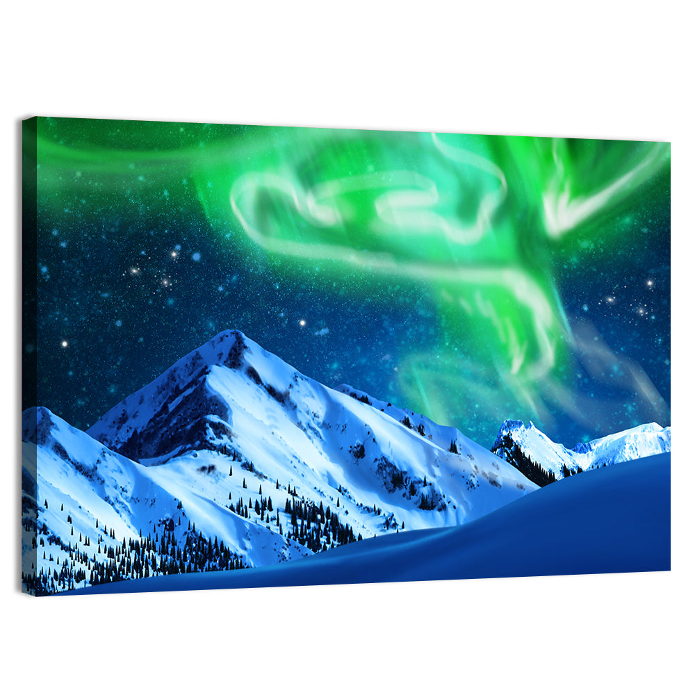 Glowing Aurora Over Snow Capped Mountains Wall Art, canvas print, landscape