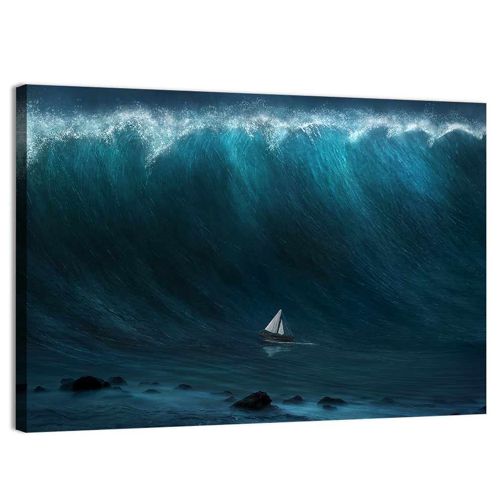 Sailboat Against Giant Wave Wall Art, canvas print, landscape