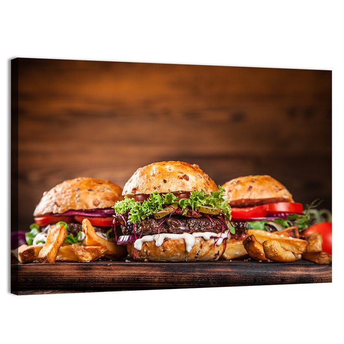 Rustic Homemade Burger Trio Wall Art as a canvas print