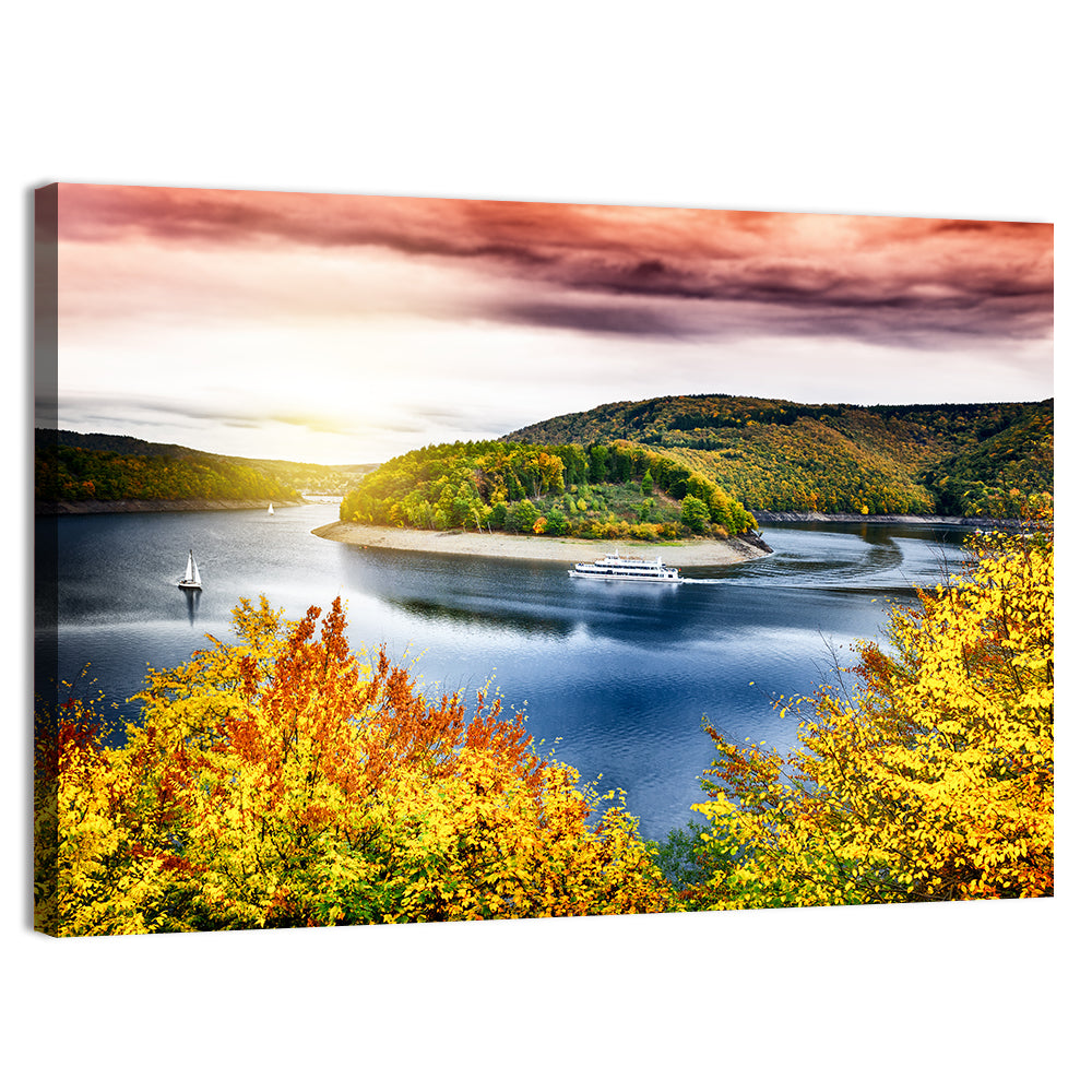 Autumn Sunset Over Lake with Boat Wall Art, canvas print, landscape