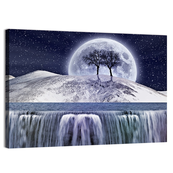 Moonlit Snowy Mountain Waterfall Wall Art as a canvas print