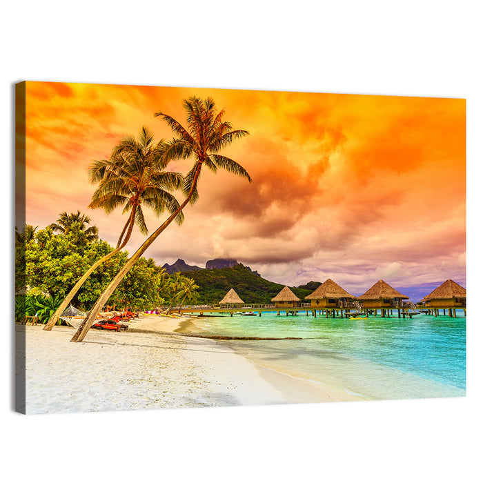 Bora Bora Overwater Bungalows at Sunset Wall Art as a canvas print