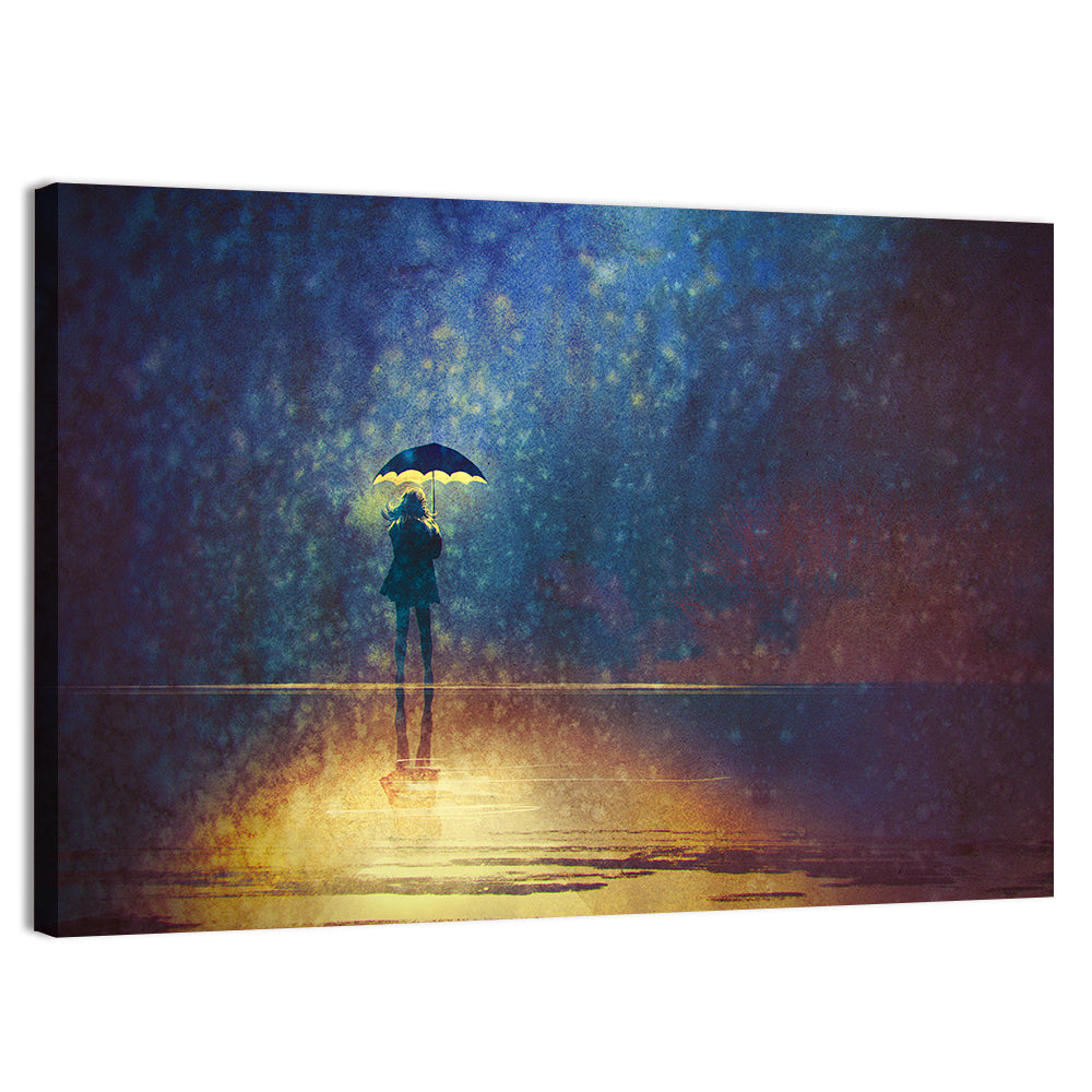 Woman Under Glowing Umbrella Wall Art, canvas print, landscape
