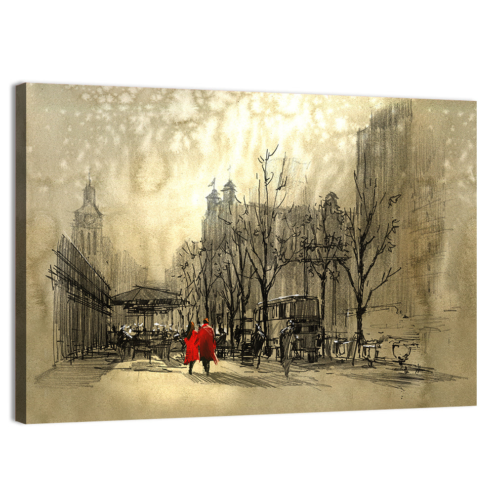 Couple in Red Coats on City Street Wall Art, canvas print, landscape