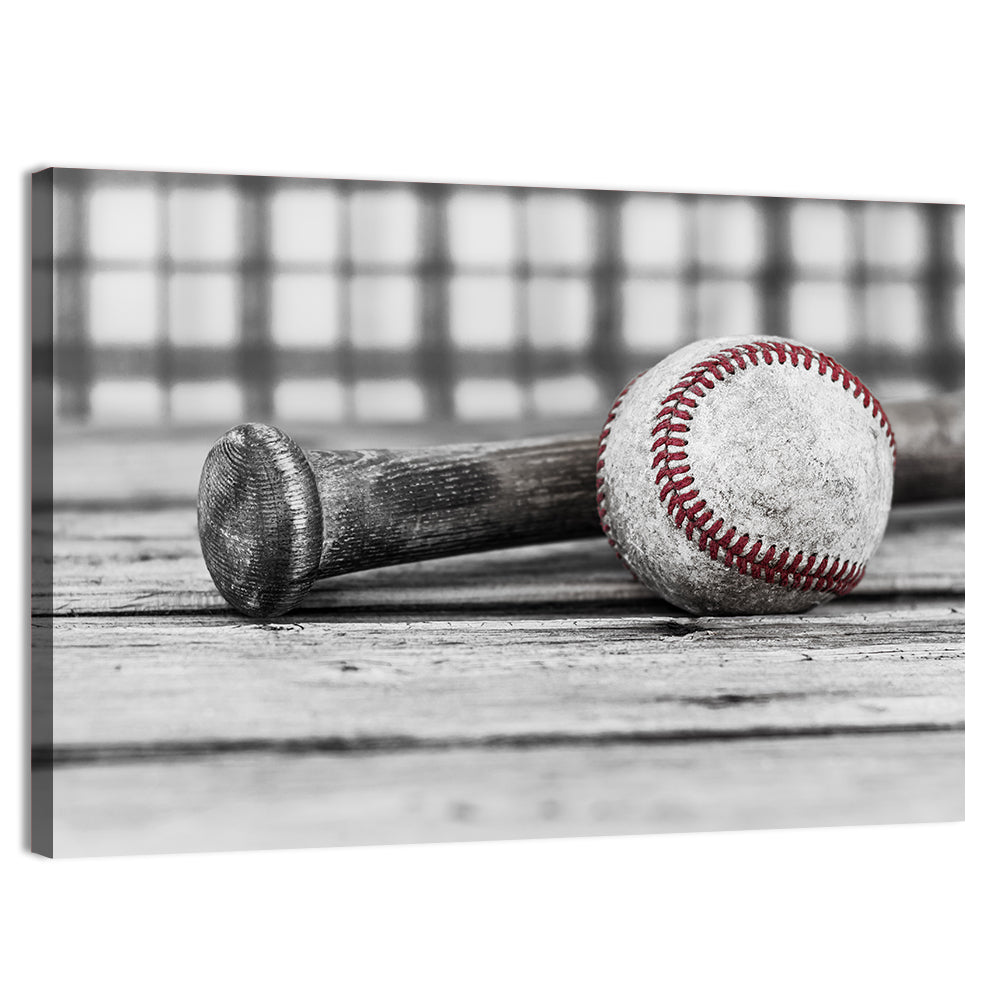 Worn Baseball and Bat on Wood Wall Art, canvas print, landscape