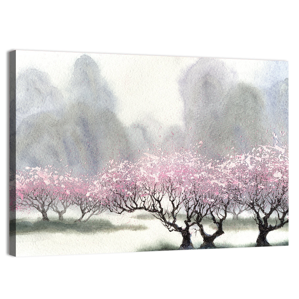Cherry Blossom Orchard by the River Wall Art, canvas print, landscape