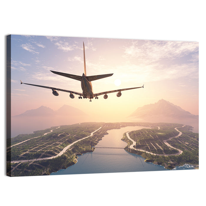 Airplane Over Island at Sunset Wall Art as a canvas print