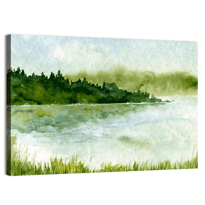 Misty Spruce Lake Landscape Wall Art as a canvas print