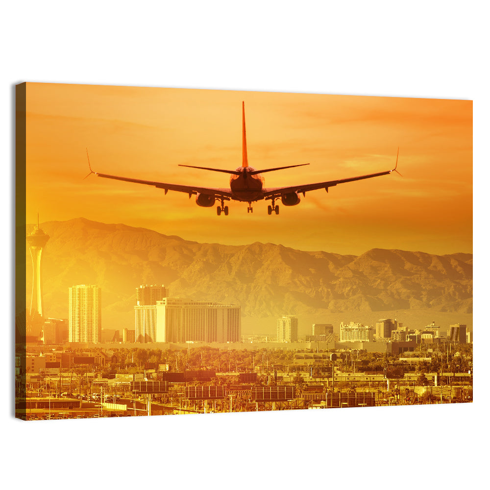 Las Vegas Sunset Plane Landing Wall Art, canvas print, landscape