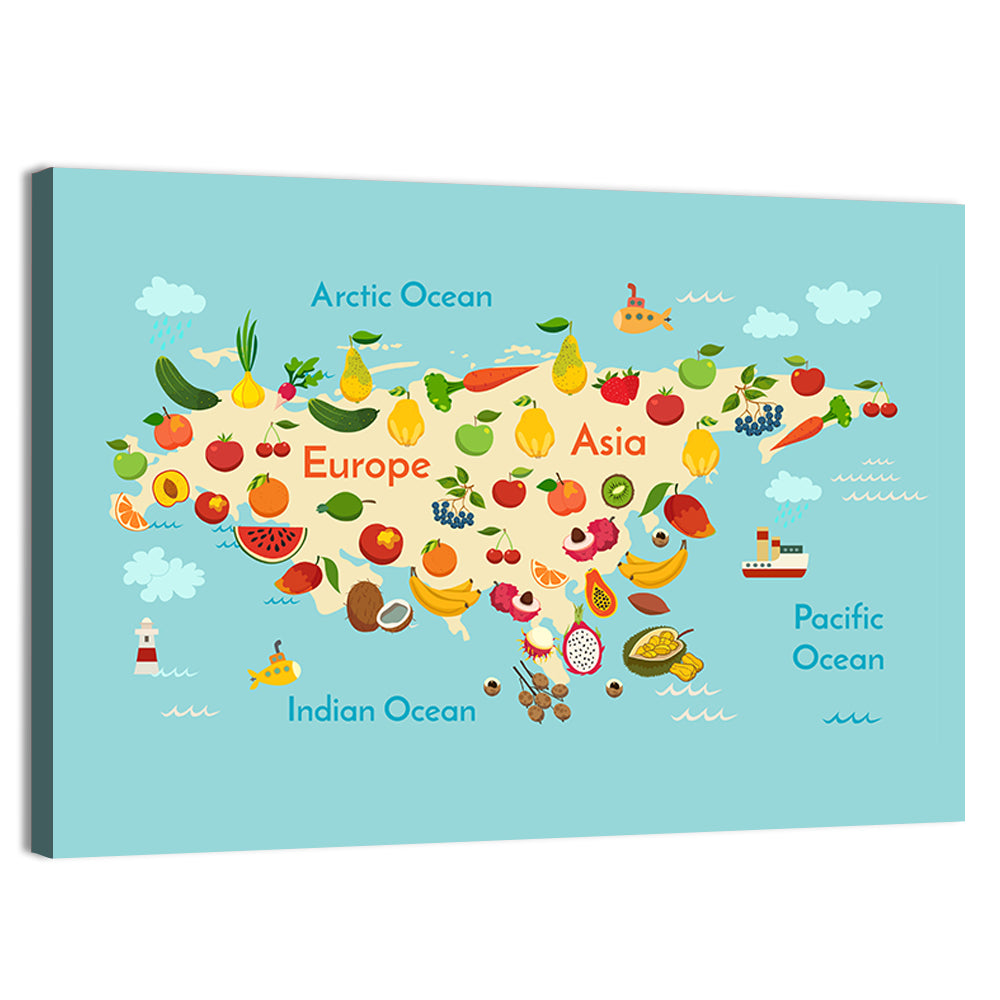 Illustrated Fruit World Map Wall Art, canvas print, landscape