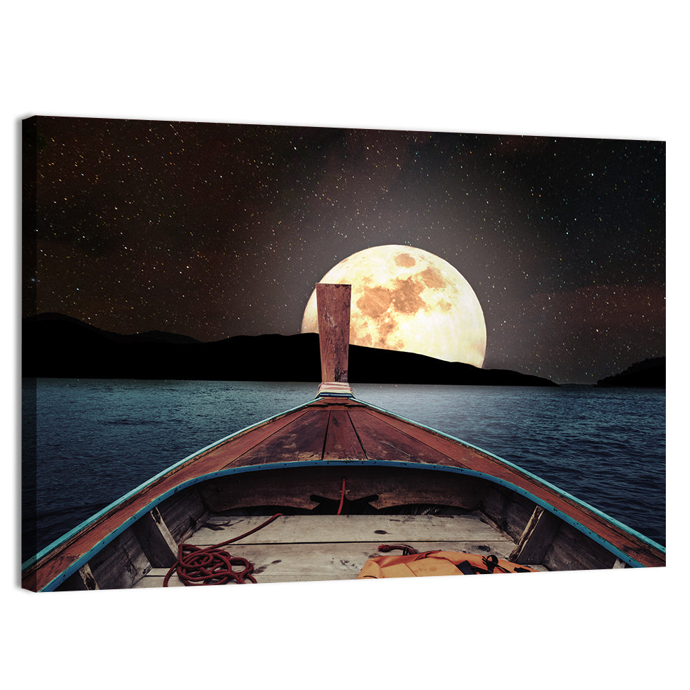 Longtail Boat Under Full Moon Wall Art, canvas print, landscape